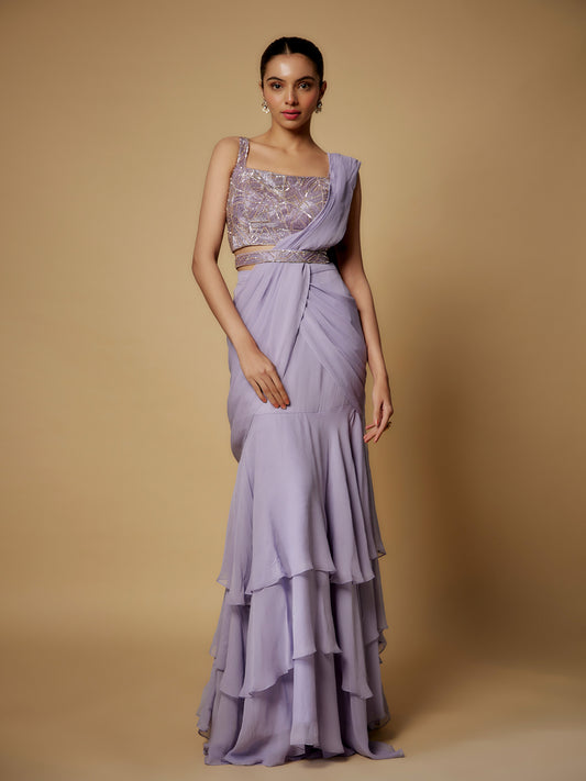 Lilac Georgette Draped Saree with Embroidered Blouse and Belt