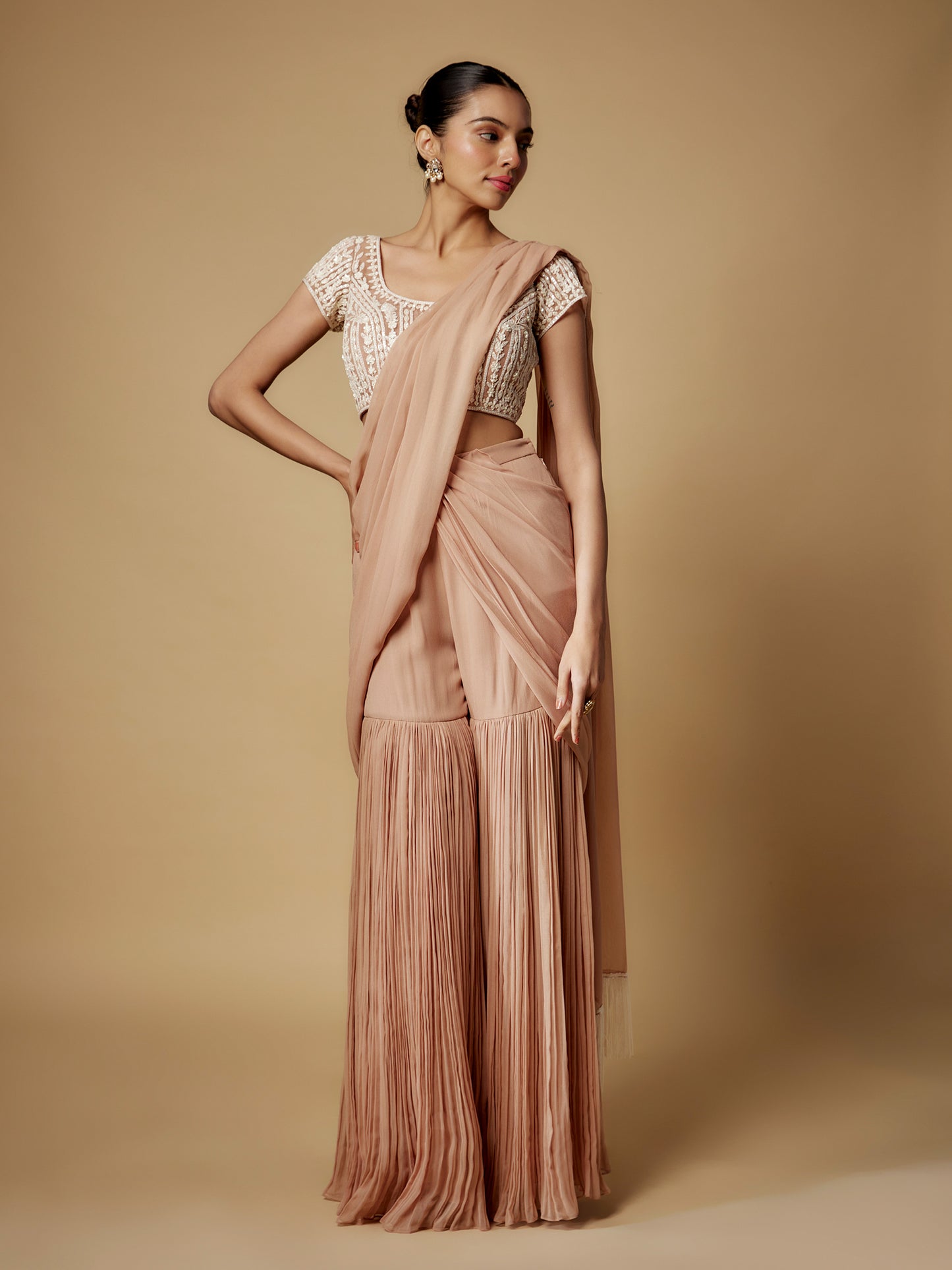 Nude Georgette Draped Sharara with Embroidered Blouse