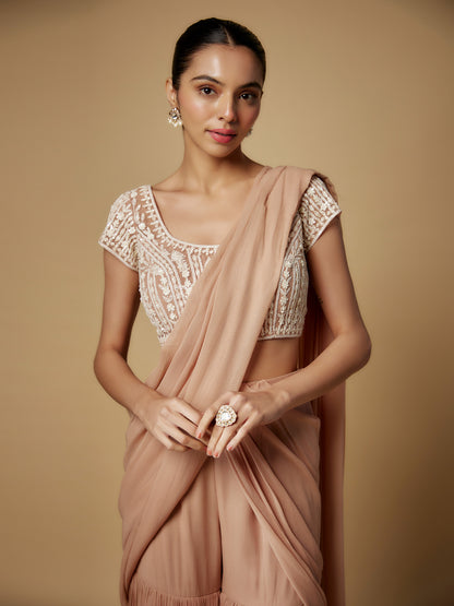 Nude Georgette Draped Sharara with Embroidered Blouse