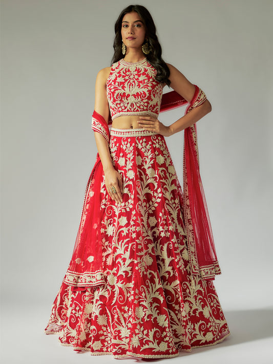 Red Net Lehenga with Ivory Embroidery