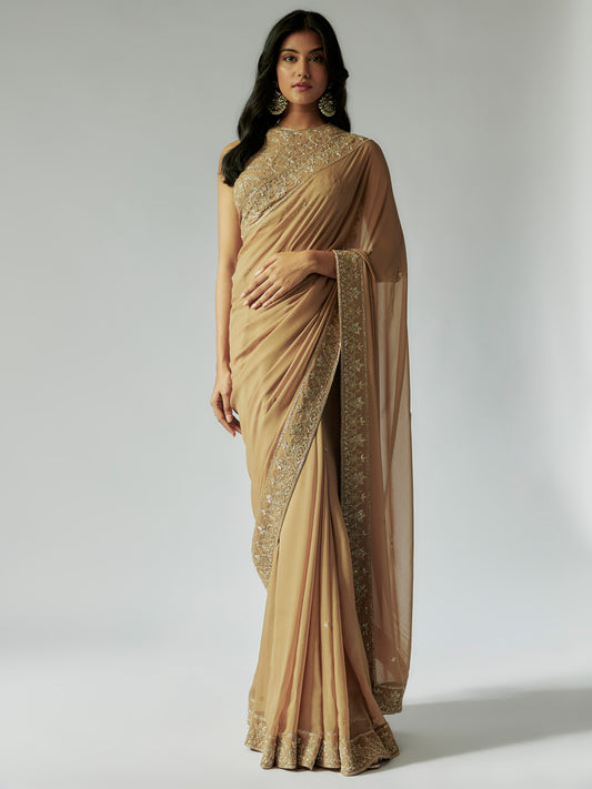 Antique Gold Georgette Embroidered Saree