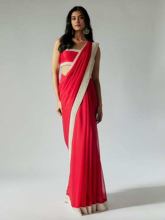 Red Georgette Saree with Ivory Border