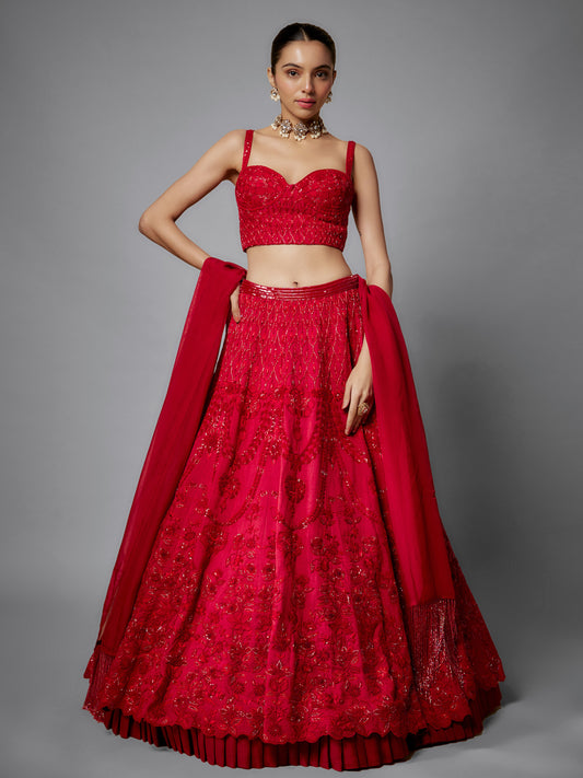 Red Rawsilk Embroidered Lehenga Set with Organza Dupatta